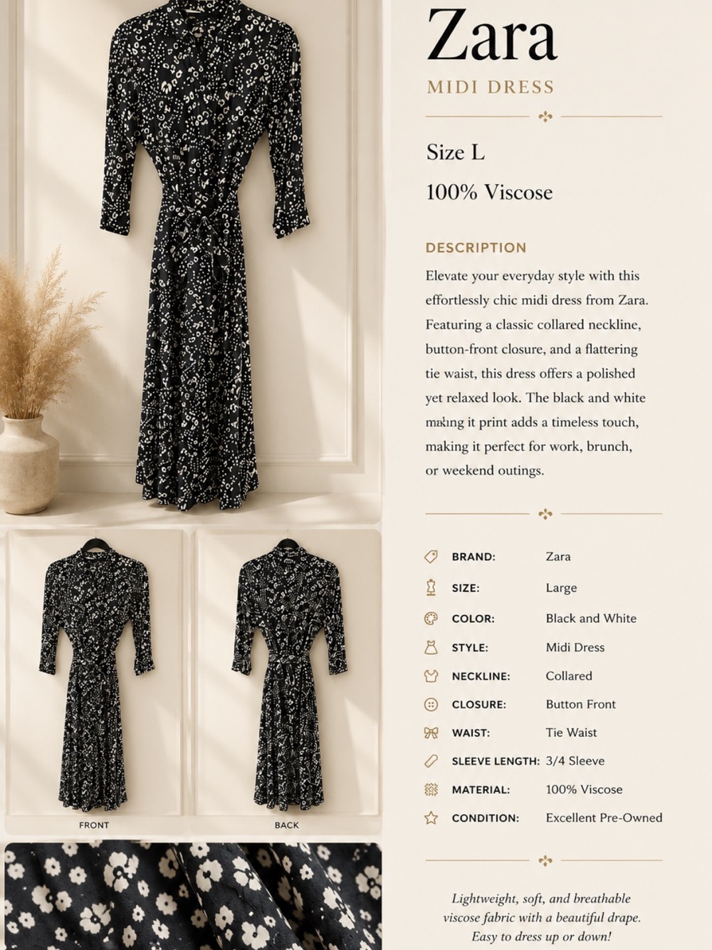 Zara Black and White Floral Collared Midi Dress with Tie Waist